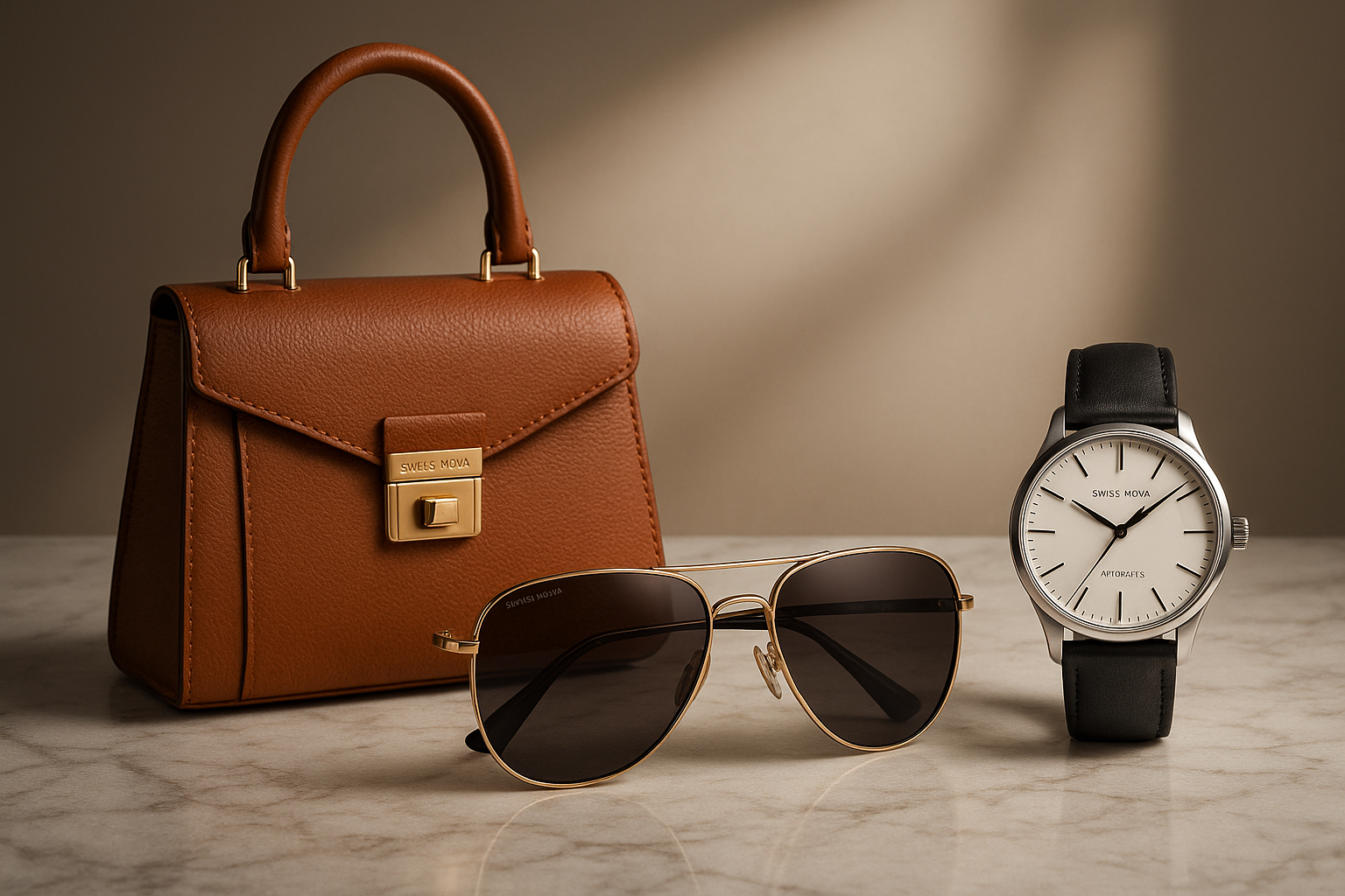 make a premium sunglass, luxury hand bag and watch mockup for my brand, call Swiss Nova
